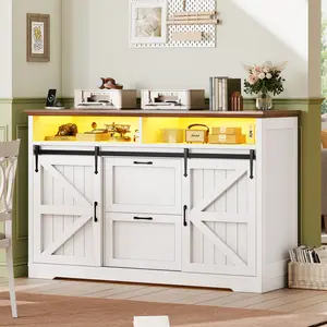 Sedeta 47.2-Inch 2-Drawer Storage Farmhouse File Cabinet, Office Accessories with Barn Door, Power Outlets, Printer Stand, LED Lights for A4 Files
