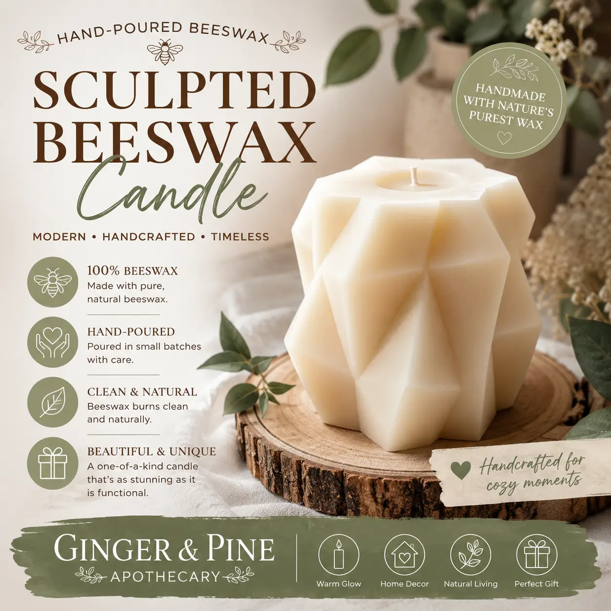 Ginger & Pine Apothecary Sculpted Beeswax Candle Hand-Poured Geometric Decorative Pillar Scented for Home Décor and Gifting
