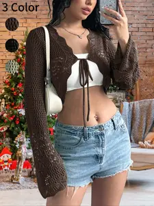 Womens Hollow Out Crochet Tie Front Sweater Knitwear V Neck Flare Long Sleeve Knitted Cardigan Scallop Trim Cropped Length Top