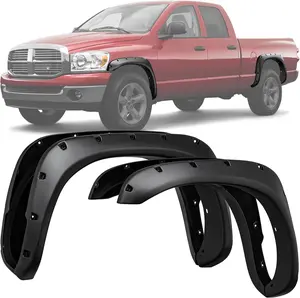 YITAMOTOR Fender Flares Kit For 2002-2008 Dodge Ram 1500; 2003-2009 Ram 2500 3500 (Fleetside Models Only), Pocket Rivet Style with Smooth Black Finish, 4 PCS Chrome Eyebrow Trim Cover