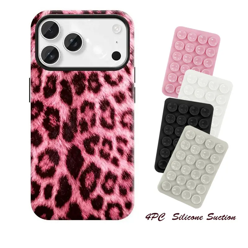 4PC Soft Silicone Suction Cellphone Casing Mount - Aesthetic Dual Layer, Protective, Shockproof Leopard Print Accessory for iPhone 17 ProMax,17Air,16Pro,16Plus,15,14 - Non-slip Cups, Hands-free Design, Easy Installation for Daily Use