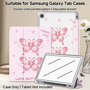 Pink Base Butterfly Tri-Fold iPad Case, double-sided print, built-in pencil slot, adjustable kickstand, auto sleep/wake function, Compatible with iPad 10th/11th Gen, iPad A16, iPad Air 11"/13", iPad Pro 11", iPad 2025 and Galaxy Tab S9 FE+ 12.4''series