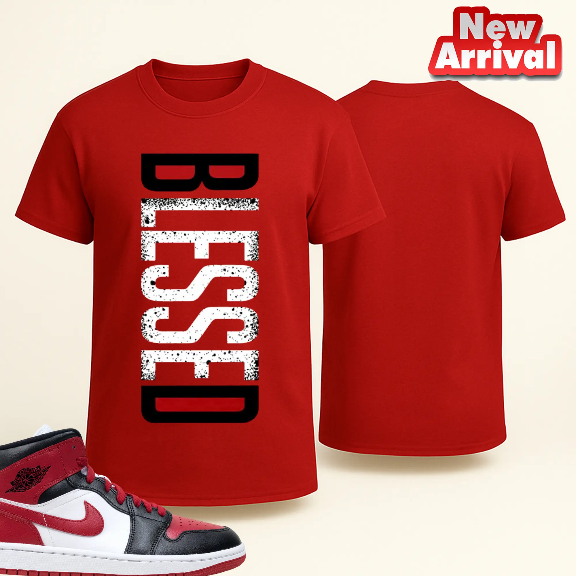 Vertical BLESSED Graphic T-Shirt Featuring Red and Black Faith-Inspired Design to Match Gym Red Sneakers