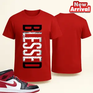 Vertical BLESSED Graphic T-Shirt Featuring Red and Black Faith-Inspired Design to Match Gym Red Sneakers