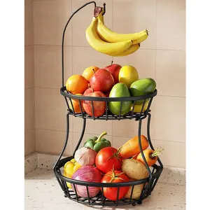 2-Tier Fruit Basket Bowl Stackable Vegetable Storage with Banana Tree Hanger Stand for Kitchen Countertop, Metal Wire Basket for Bread Onions Potatoes Black