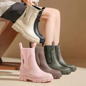 Women'S Chelsea Rain Boots - Slip-Resistant Thick Sole, Round Toe, PVC Upper & Sole, Comfortable Fabric Inner & Insole, Versatile Outdoor Footwear for Casual Attire