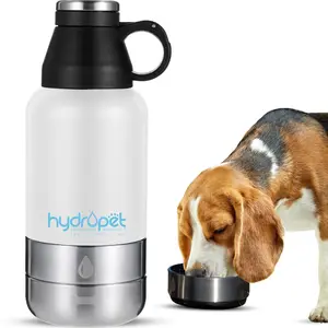 HydroPet Dog Water Bottle 32 oz or 64 oz Stainless Steel Flask with Dual Dog Bowls, Includes Strap, Travel & Road Trip Essential.  3 in 1 water bottle