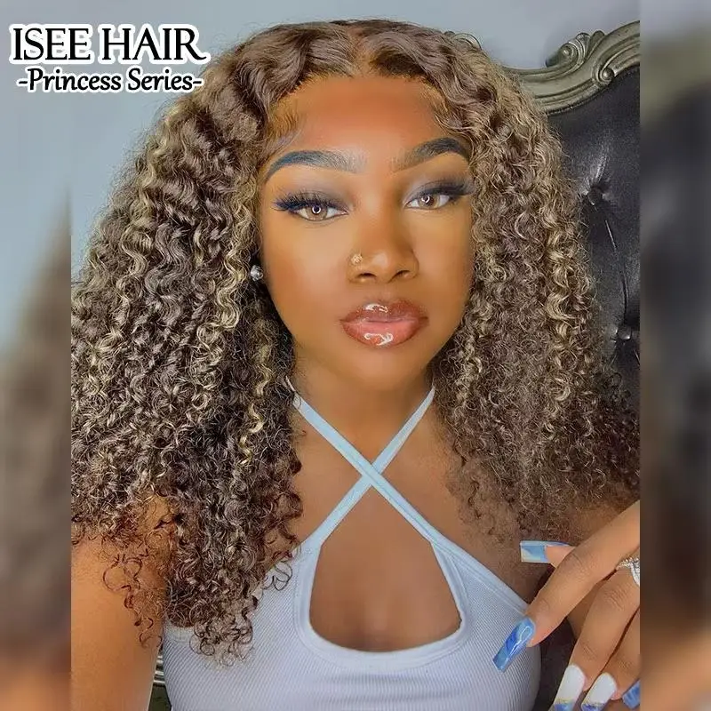 ISEE HAIR 13*4 Lace Front Wig, Highlight Brown Body Wave Human Hair, Pre-Plucked Natural Hairline with HD Wig Cap & Free Gifts