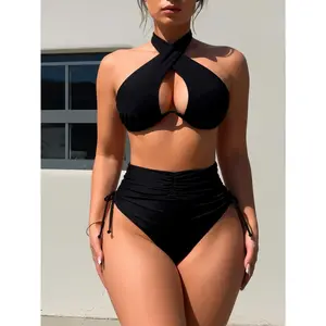 Women's Knitting Polyamide Solid 2-Piece Bikini Set - High-Waisted Swimsuit with Push-Up Backless Halter Top, High-Stretch Elastic Design for Summer Vacation, Pool Party