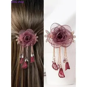 2026 Mesh Rose Tassel Hair Clip, Elegant Flower Barrette with Crystal & Chain, Vintage Hair Accessory for Women, Perfect for Wedding, Party & Daily Styling