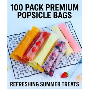 100 Disposable Ice Popsicle Bags Free Freezer Tubes With Zip Seals For Snacks,Yogurt Sticks,Juice & Fruit Smoothies,Ice Candy Pops Comes With A Funnel (9.1"x2")