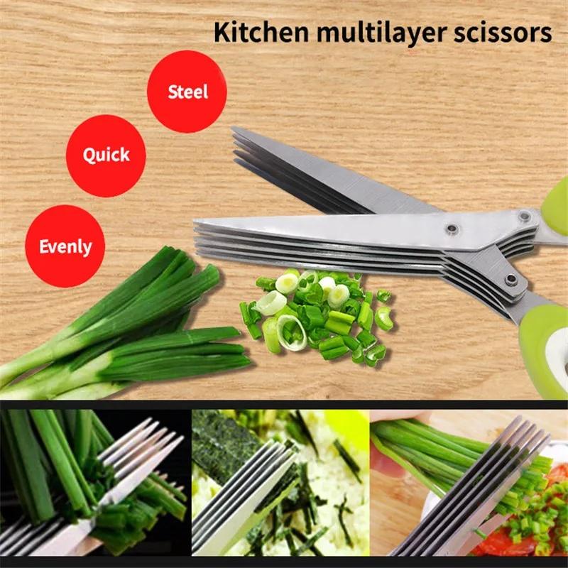 Multifunctional Multi-layer Green Onion Scissors Stainless Steel Onion Cutting Knife Herb Seaweed Spice Scissors Kitchen Scissor Kitchen Gadgets