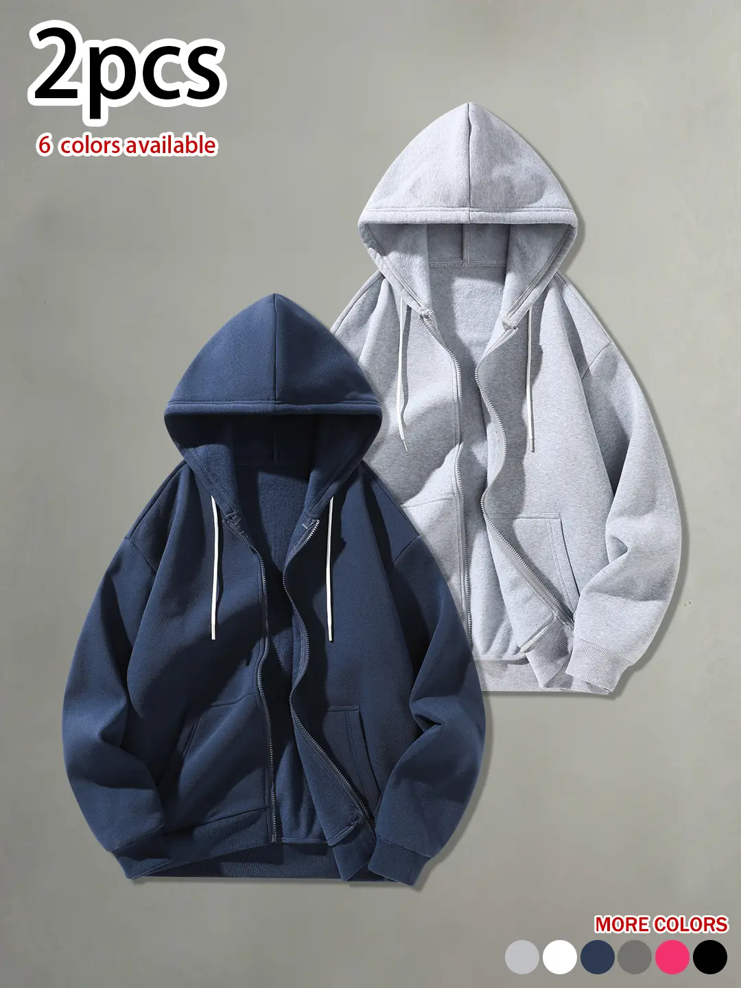 Available in packs of 2 or 1; men’s casual hooded cardigan sweatshirt for spring/autumn—loose fit, minimalist basic design, comfortable and skin-friendly; versatile sports/fitness cardigan sweatshirt for everyday wear.
