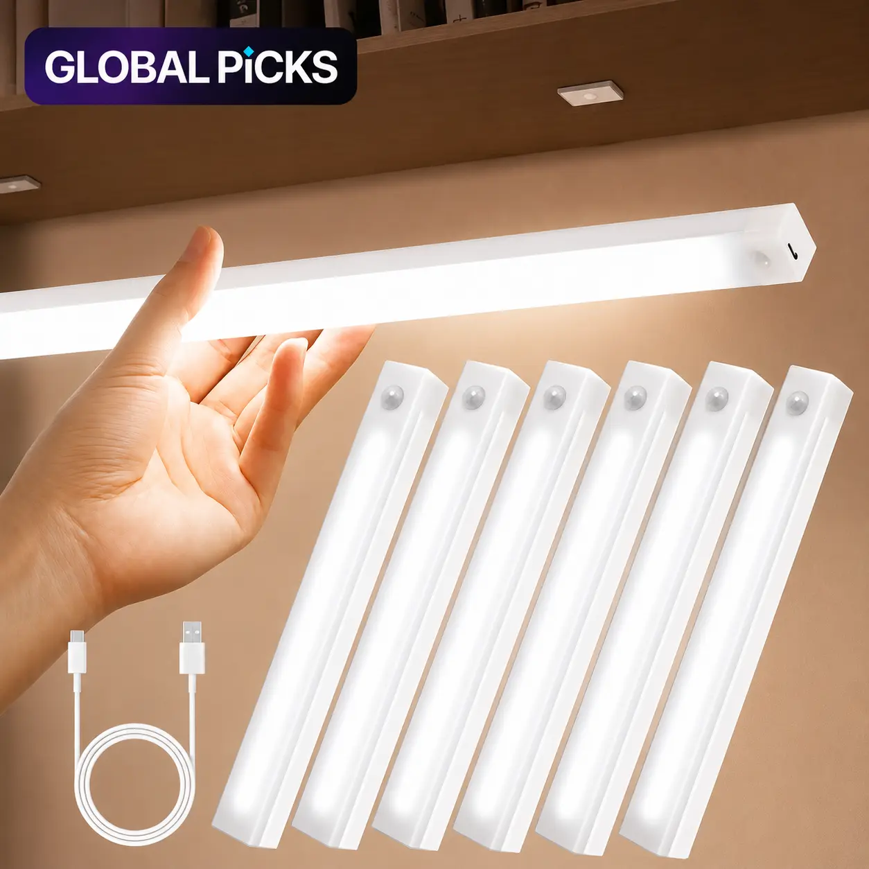 6-Piece Rectangular Magnetic LED Under Cabinet Lights Set Packs, Rechargeable Motion Sensor Auto On/Off, No-Drill Easy Mount Modern Home Decor for Kitchen, Closet, Sink Area