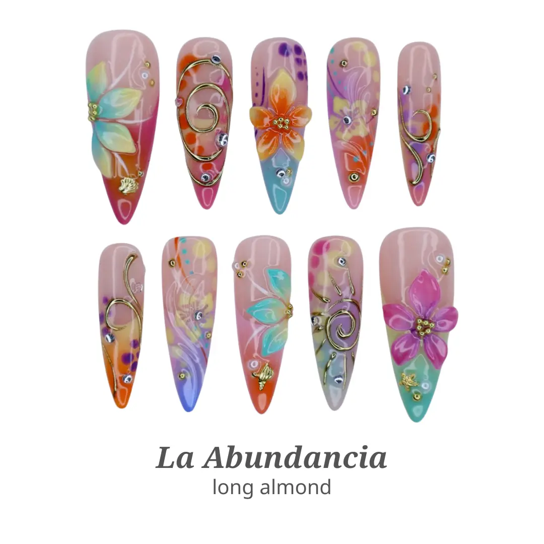 Lilynailsart | La Abundancia Press On Nails - Tropical Flower, Sunset & Colorful Nail Art - Long Almond