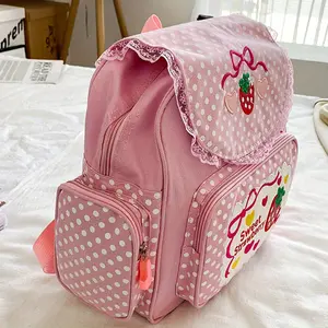 1pc Cute Embroidered Fruit Strawberry Lace Backpack, Students School Bag, Portable Travel Backpack