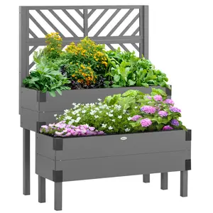 Raised Garden Bed with Trellis, 2 Tier Wooden Elevated Planter Box with Legs and Metal Corners, for Vegetables, Flowers, Herbs, Gray