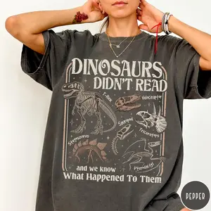 Comfort Colors Dinosaur Graphic T-Shirt Vintage Funny Book Lover Teacher Tee Retro Nerd Geek Vibe - Kato Fshion