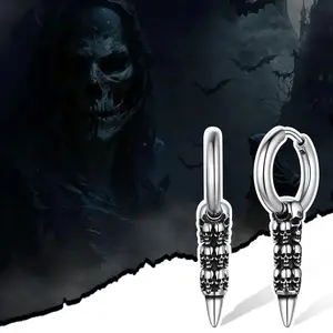 1 pair of punk Gothic skull bullet men's earrings, stainless steel,silvery