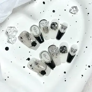Long Coffin French False Nails | 3D Rose & Butterfly Handmade Press On Nails