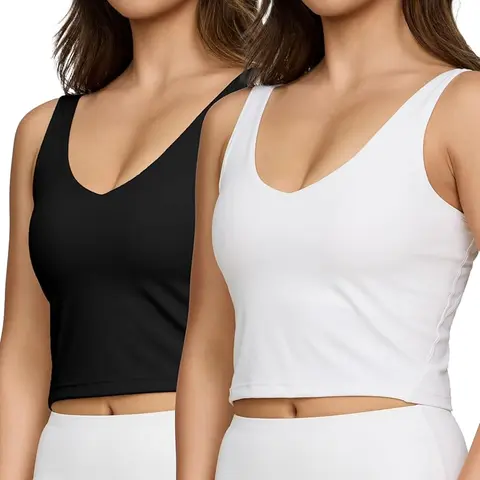 PURE CHAMP Women's 2-Pack Longline Medium Support Wirefree Cup Sports Bras - 4-Way Stretch, Breathable, Quick Dry, Fitted Crop Tops with Removable Padding for Yoga, Running (S-XXL, Padded Bra)