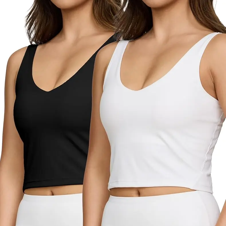 PURE CHAMP Women's 2-Pack Longline Medium Support Wirefree Cup Sports Bras - 4-Way Stretch, Breathable, Quick Dry, Fitted Crop Tops with Removable Padding for Yoga, Running (S-XXL, Padded Bra)