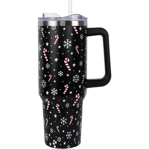 Christmas Tumbler with Handle and Straw Lid 40 oz,Cute Christmas Gifts for Women Candy Cane Snowflakes Vacuum Insulated Leak Proof Tumbler,Winter Holiday Accessories Stainless Steel Coffee Cup Mug