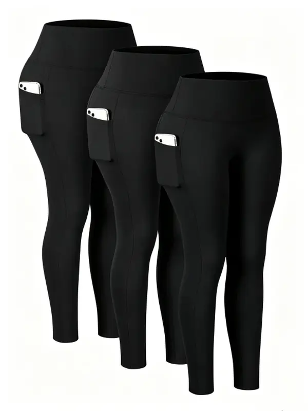Women's 3-Pack High-Waisted Leggings with Pockets, Soft Active Tummy Control Pants for Yoga, Leggings For Women, Polyester, Plus Size Fashion