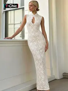 Women's Contrast Lace Floral Bust Cut Out Back Split Bodycon Dress, Solid Color Stand Collar Sleeveless Slim Fit Slit Maxi Dress, Party Club Date Evening Gown, Formal Elegant Dress, Hollow Tank Long Dresses