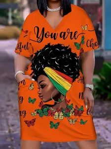 Plus Size African Butterfly Print V-Neck Dress - Stylish Short Sleeve Casual Dress for Women
