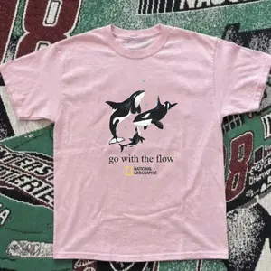 Vintage Y2K National Geographic Orca Killer Whale Pink Graphic Tee "Go With The Flow"