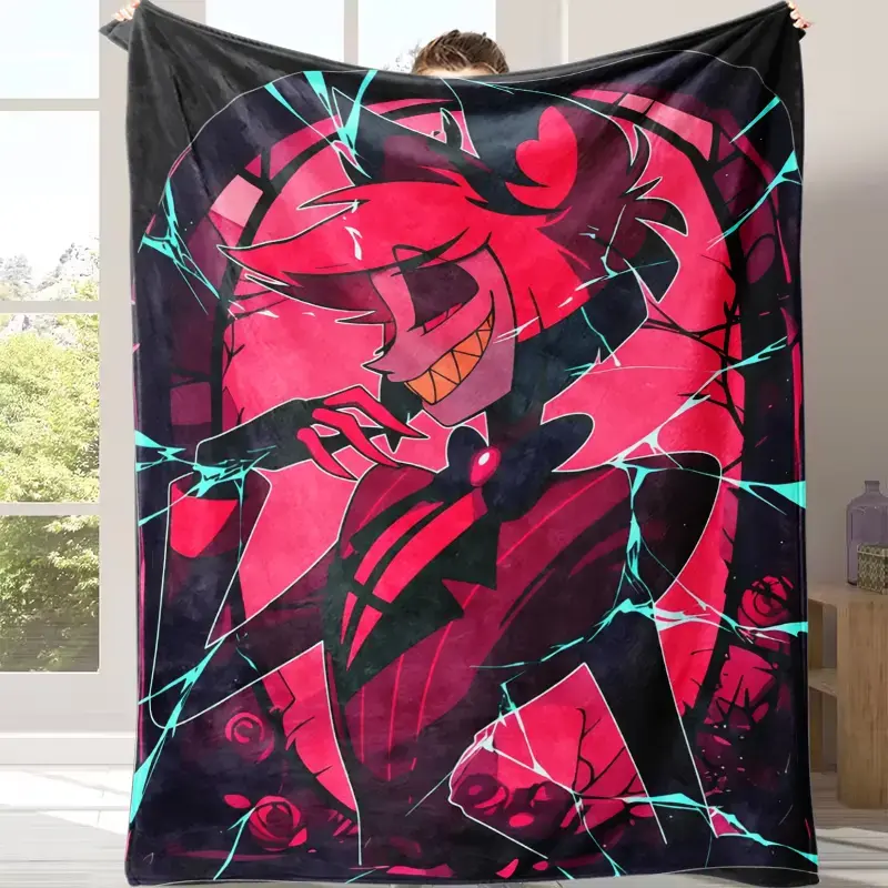 H-Hazbin Hotel Alastor Blanket, Red Radio Demon Flannel Print, Bed Throw for Gothic Room Decor, Couch Sofa Anime Game Style Accent, Birthday Christmas Gift for Dark Cartoon Fans, Dorm Wall Blanket, Dark Red Art