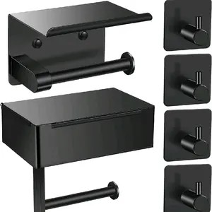 2 Pieces Toilet Paper Holder with 4 Towel Robe Hooks Black Shelf Flushable Wipe Dispenser Stainless Steel Wall Mounted Roll Storage for Bathroom
