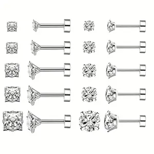 10 Pairs Stainless Steel Rhinestone Stud Earrings Set, Simple Style, Bright Cut Square Round Cubic Zirconia Screw Flat Back Earrings, Hypoallergenic Spiral Birthstone Piercing Earrings for Ear Cartilage, No Magnetic, 304 Stainless Steel Nee