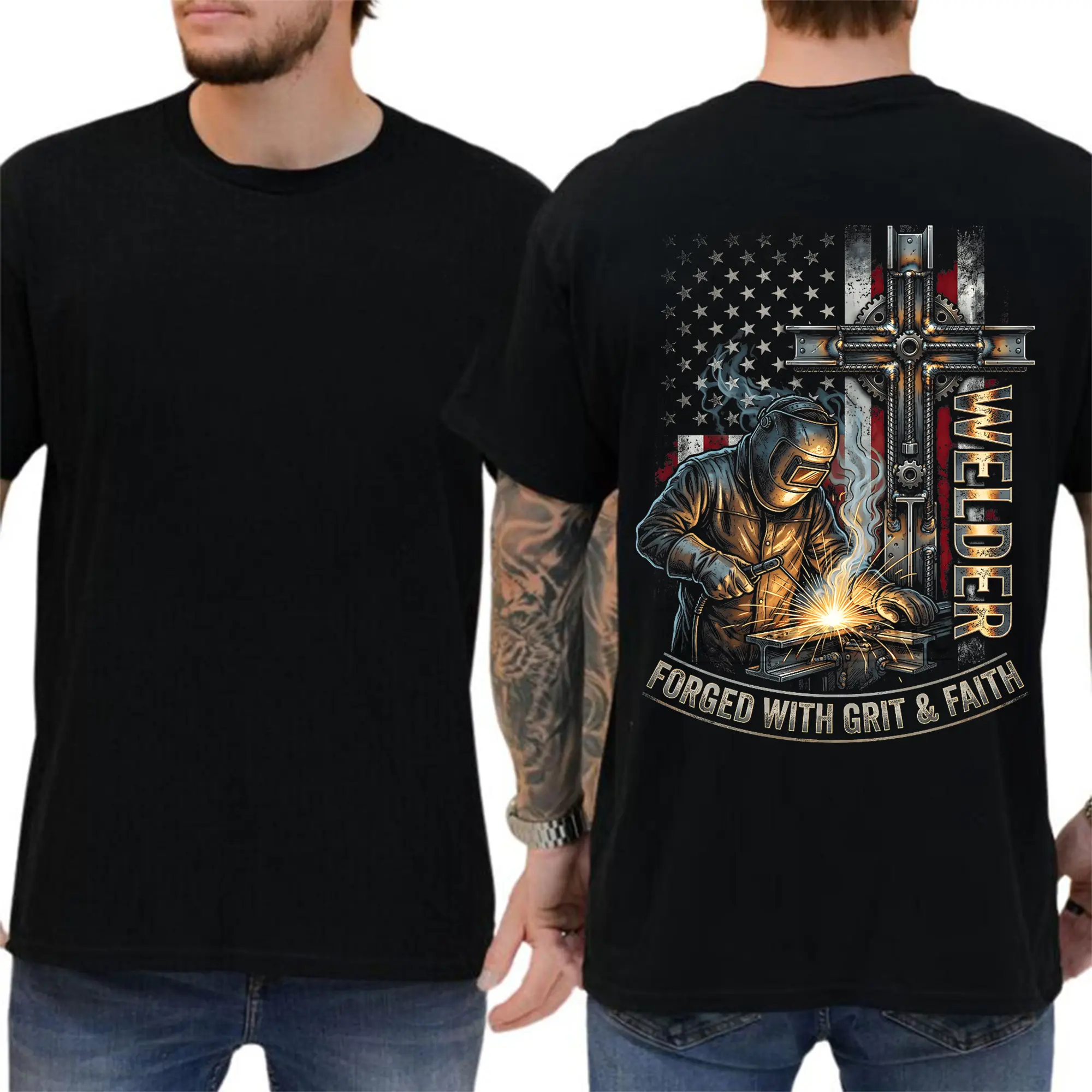 Welder Forged With Grit & Faith Shirt, USA Flag Welding T-Shirt, Patriotic Welder Cross Tee, Christian Welder Graphic Shirt, Blue Collar Worker Apparel, Faith Based Tradesman T-Shirt, American Flag Welding Tee