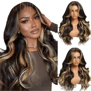 HAIR POP  26 Inch 180% density brown with gold hightlight Body Wavy Wigs for Women, Gorgeous Fluffy black Wig synthetic heat resistant Matte fiber 13x4x1 T part Lace Front Wigs for Party, Daily, Back To School FallforBirhdaGifts,Valntine'sDay Body Wave Wi