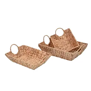 Rowan Bohemian Cottage Handwoven Hyacinth Rectangular Decorative Basket Trays with Handles (Set of 3)