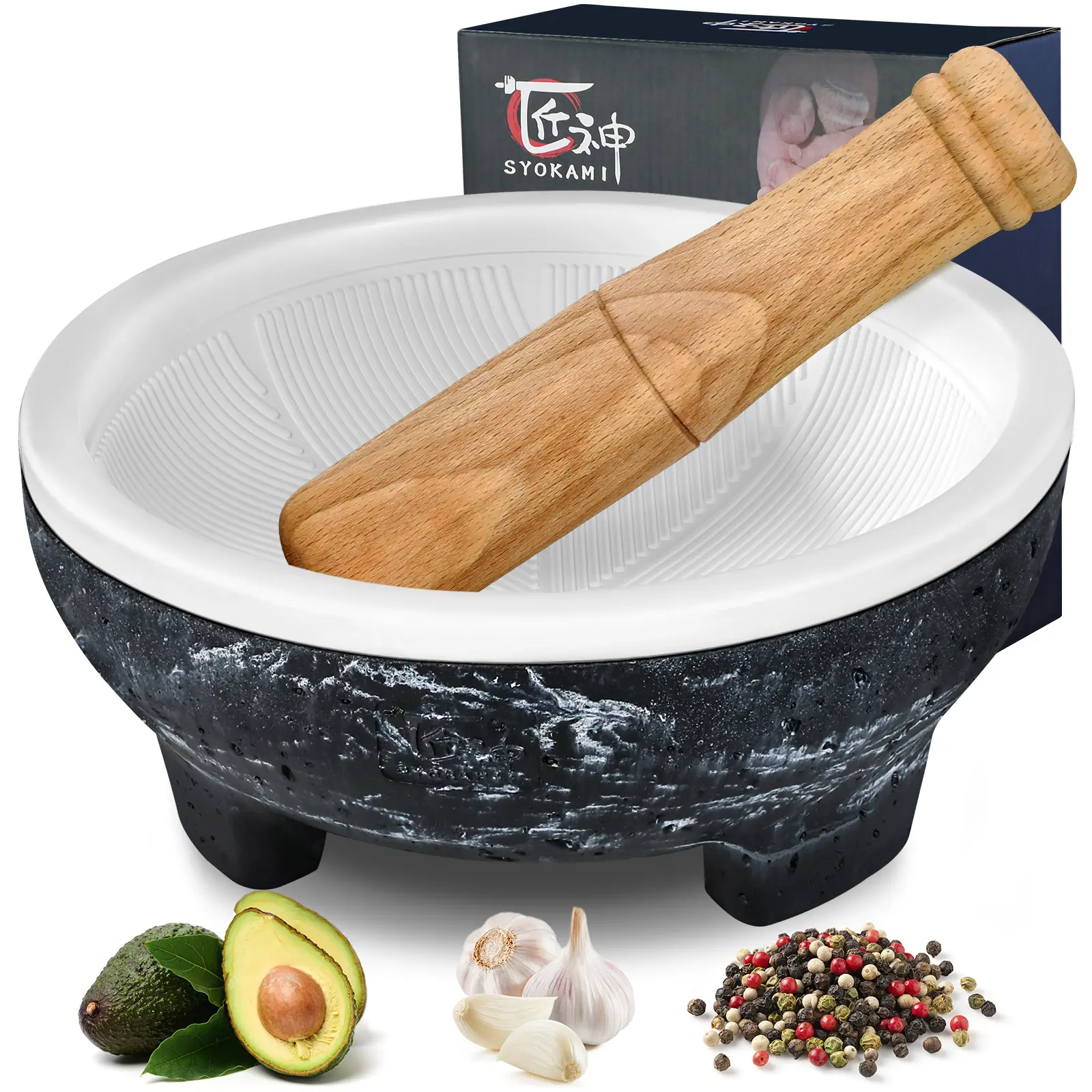 【DealsForYouDays】SYOKAMI Mortar and Pestle 2-Cup Capacity Set, Grinding Ridges for High Efficiency, Lightweight Ceramic, Easy to Hold & Hassle-Free Cleaning, Non-Slip Base, Large Molcajete Mexicano, Gift for Mother's Day, Kitchen Gadgets, Utensils, Kitche