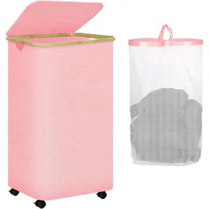 100L Pink Laundry Hamper on Wheels, Large Laundry Hamper with Wheels and Lid, Collapsible Dirty Clothes Hamper with Removable Mesh Bag, Clothes with Handles for Home