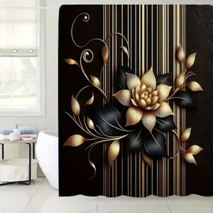 Black shower curtain with gold floral pattern, featuring 12 hooks.