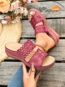 Women's Floral Pattern Thick Sole Wedge Sandals, PU Leather, Slip-On Design, Summer Comfort Shoes, Boho Style, All Seasons