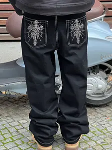 Men's Casual Loose Denim Jeans with Pockets, Trendy Streetwear Skeleton Embroidery Design, Versatile Jeans for All Seasons