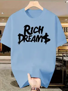 Men's Summer Breathable Slim Fit Short Sleeve T-Shirt, Rich Dreams Print Casual Top, Single-Sided Letter Design, Fashion Tee