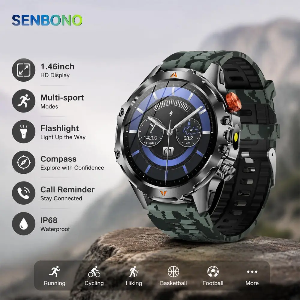 SENBONO Men's Outdoor Sports Smartwatch - 1000mAh Long Battery Life, IP68 Water Resistance, Multiple Sports Modes, Call Reminder (Smart Watches for Active Use)