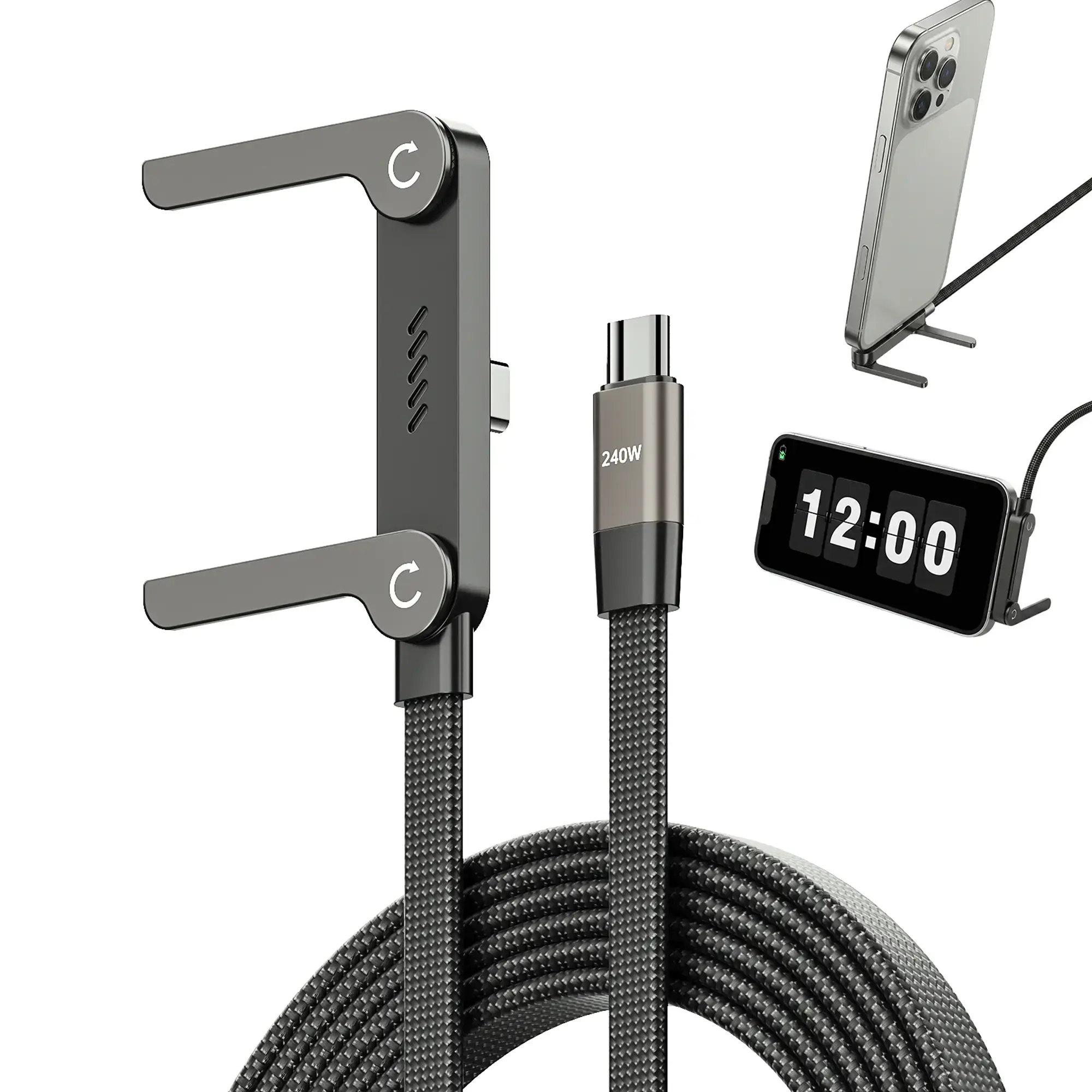 Invisible Holder Charger Cable with Stand, 240 w super fast charging 2-in-1 Fast Charging Cord & Phone Stand for Gaming, Office, Car Travel use , Compatible with iPhone Samsung Type-C charging cable Black base mo Dual built-in