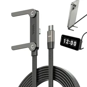 Invisible Holder Charger Cable with Stand, 240 w super fast charging 2-in-1 Fast Charging Cord & Phone Stand for Gaming, Office, Car Travel use , Compatible with iPhone Samsung Type-C charging cable Black base mo Dual built-in