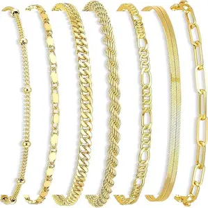 Mother Day Gift 7PCS 14K Plated Bracelet Set for Women – Dainty Layered Cuban Link, Herringbone & Paperclip Stackable Bracelets, Fashion Jewelry Gift