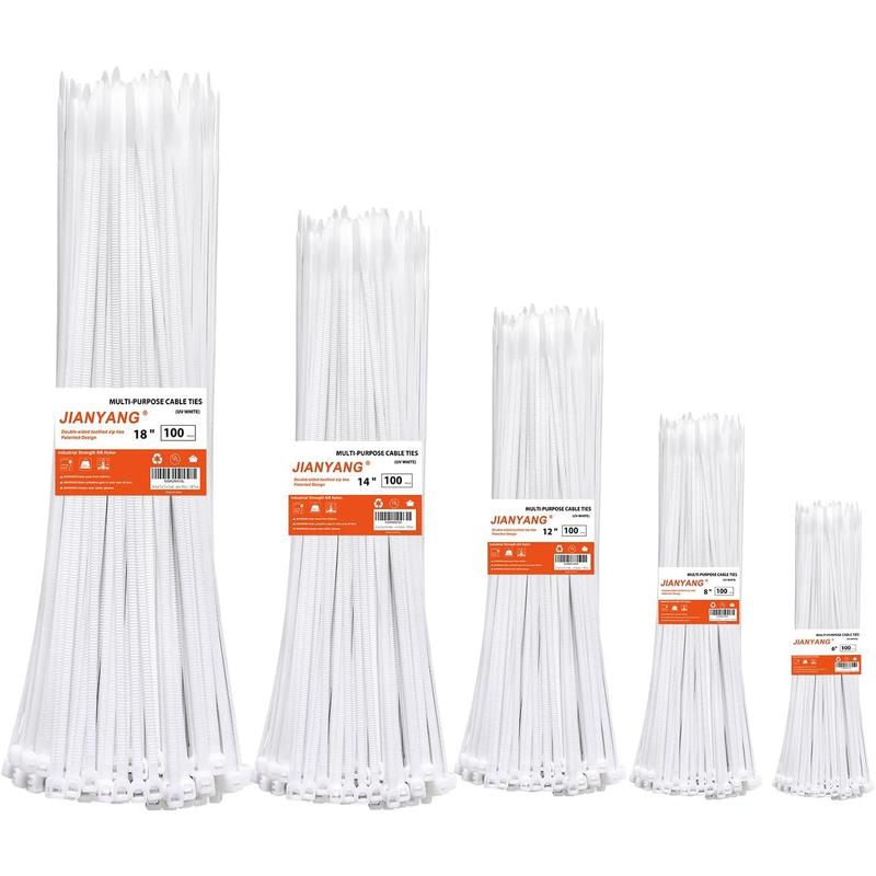 Zip Ties Assorted Size,6+8+12+14+18 Inch Double Sided Toothed,120 LBS Tensile Strength Heavy Duty Cable Wire Ties Self-Locking Adjustable Durable Nylon Tie Wraps for Indoor Outdoor White（500 Pack）