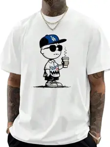 Cool Charlie X La Dodgers Coffee Print T-Shirt, Cartoon Street Casual Style, Soft Daily Wear, Long Slim-Fit Tee for All Seasons