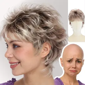 Harriet - WIGYY Dark Brown Ombre Blonde Pixie Cut Wig – Short Layered Wig with Bangs, Glueless Heat-Resistant Protein Fiber, Realistic Lightweight Synthetic Hair for Daily Use